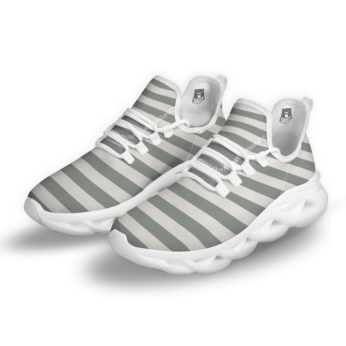 Silver Color Striped Print White Running Shoes-grizzshop