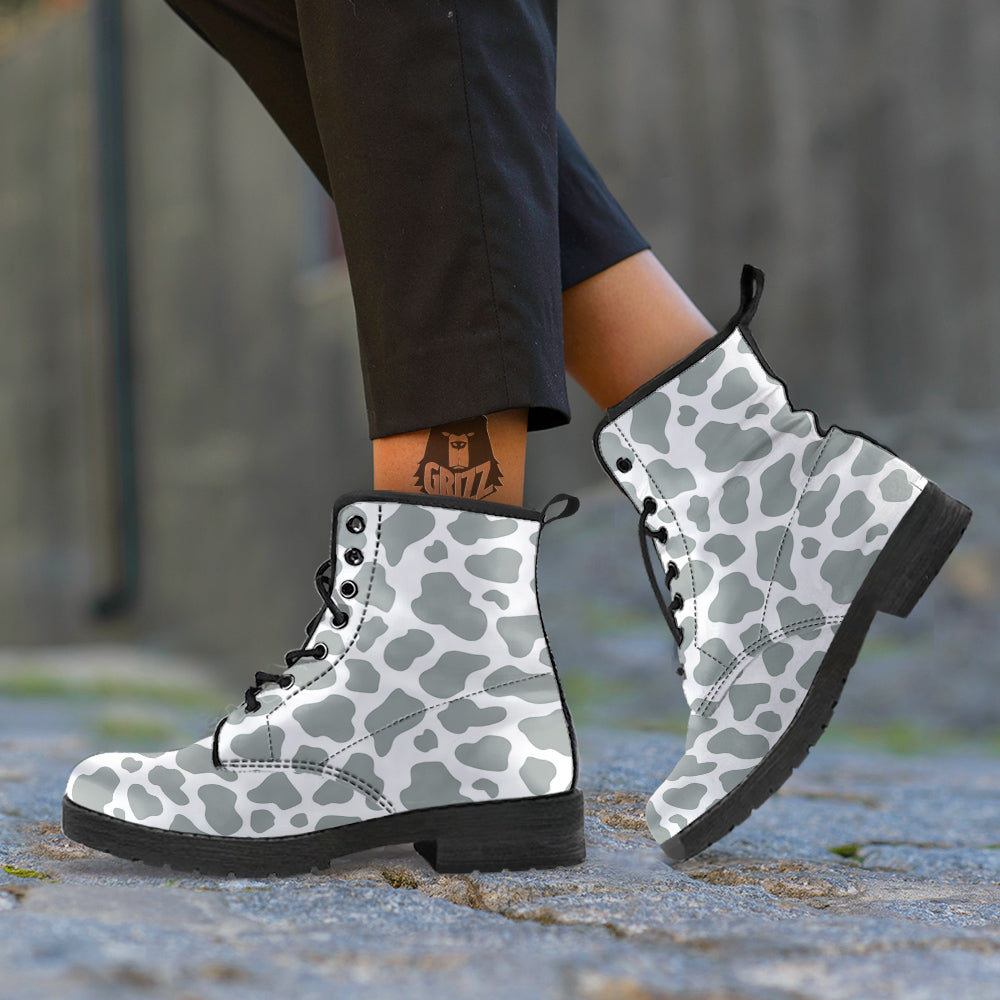 Silver Cow Print Pattern Leather Boots-grizzshop