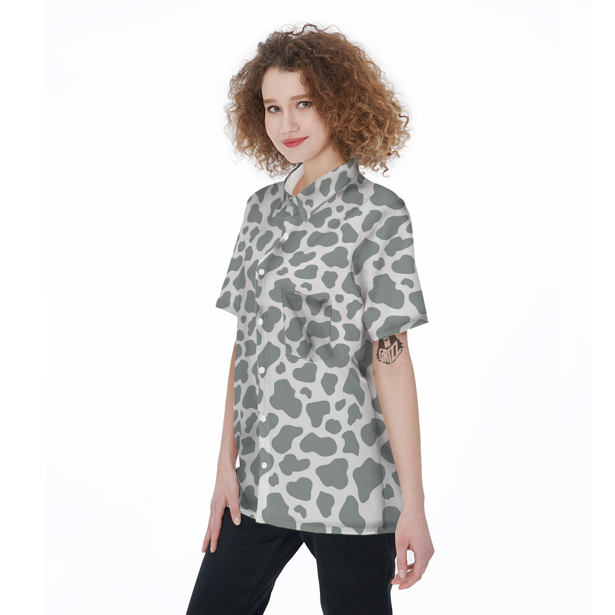 Silver Cow Print Pattern Women's Short Sleeve Shirts-grizzshop