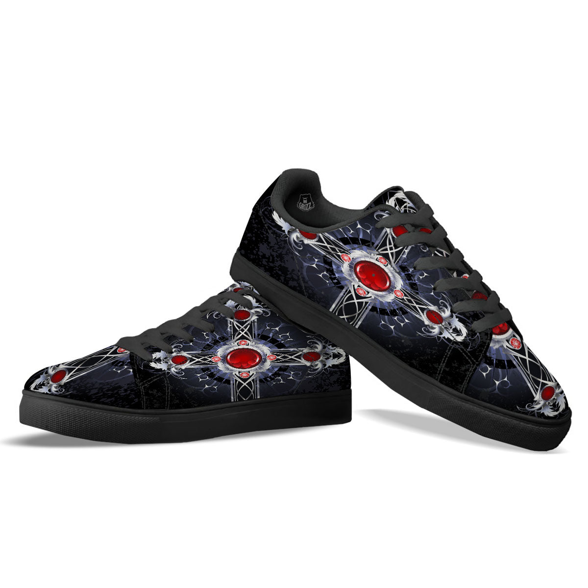 Silver Cross Ornamental Print Black Low Top Sneakers-grizzshop