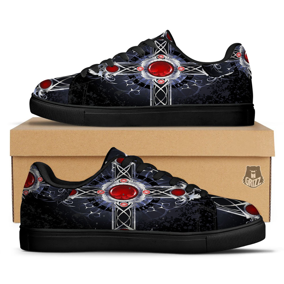 Silver Cross Ornamental Print Black Low Top Sneakers-grizzshop