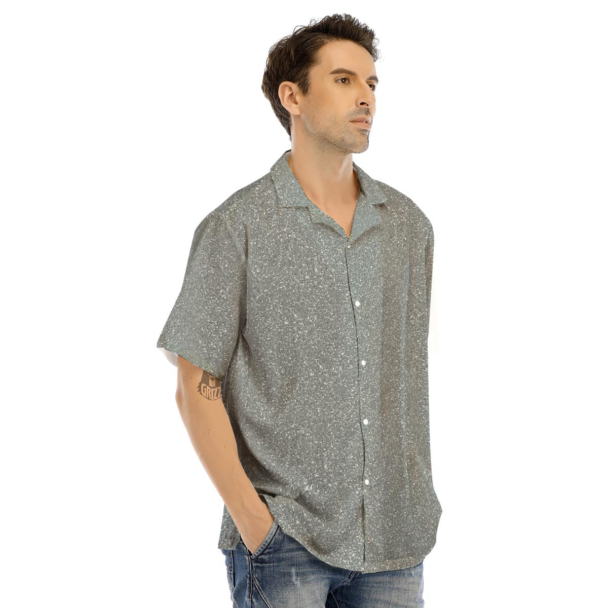 Silver Glitter Texture Print Men’s Hawaiian Shirt-grizzshop