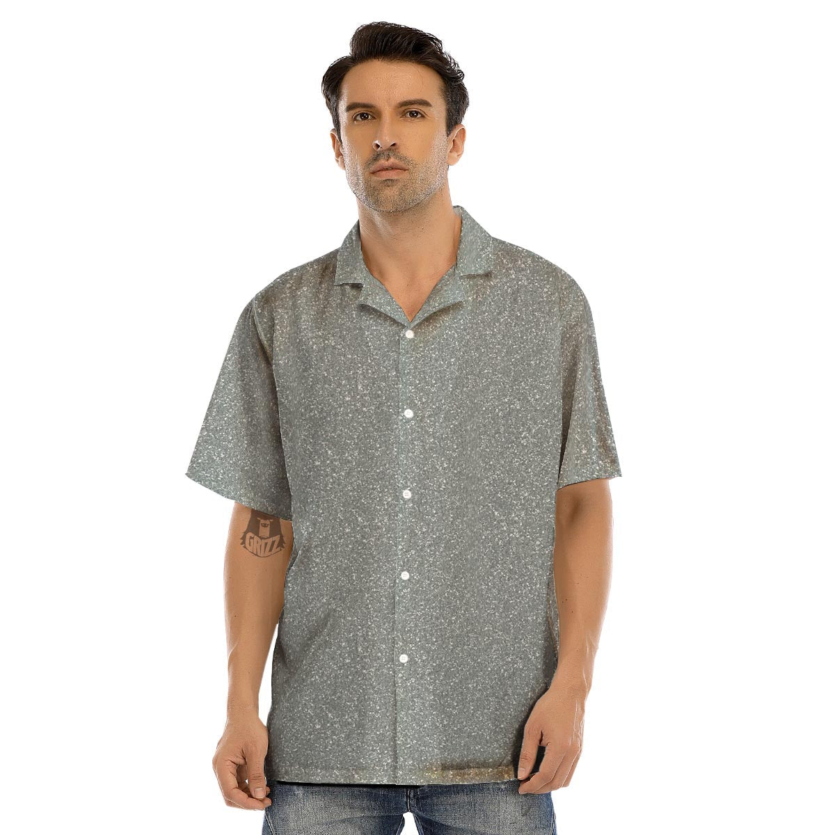 Silver Glitter Texture Print Men’s Hawaiian Shirt-grizzshop