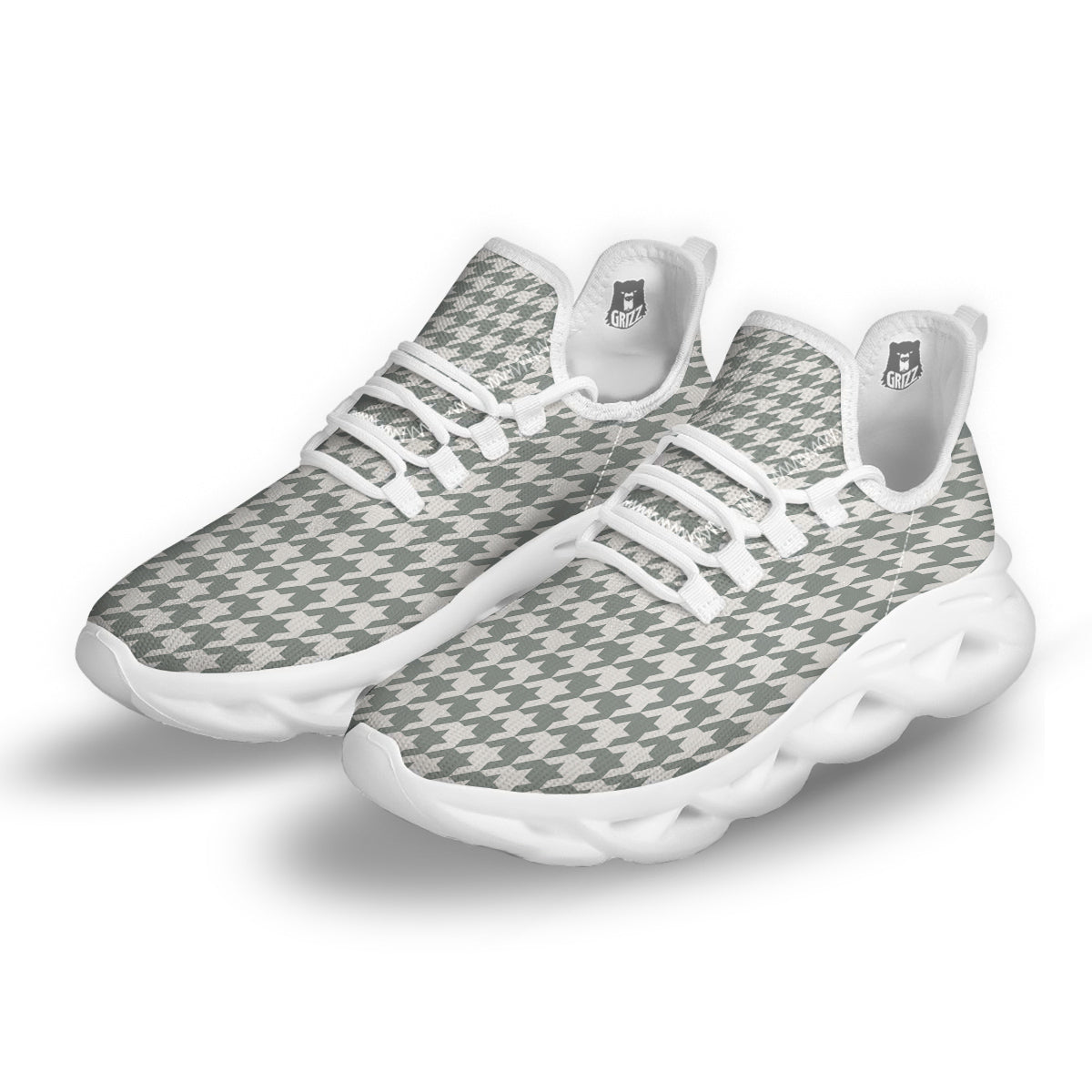 Silver Houndstooth Print White Running Shoes-grizzshop
