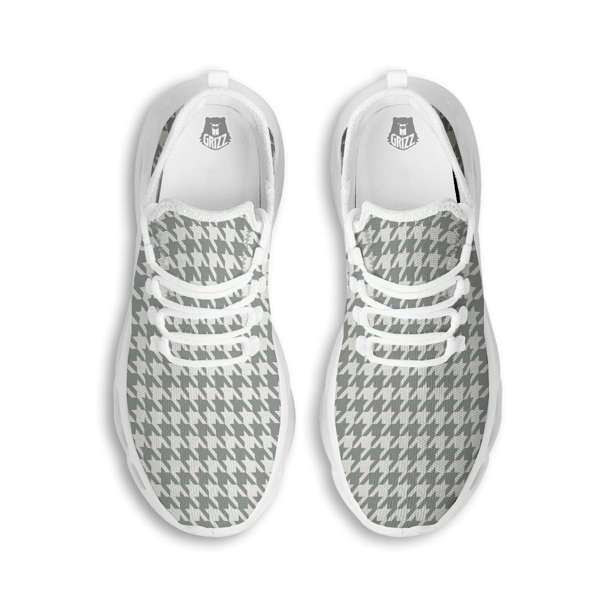 Silver Houndstooth Print White Running Shoes-grizzshop