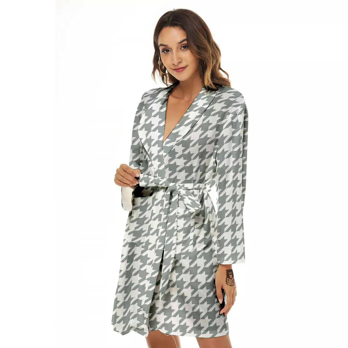 Silver Houndstooth Print Women's Robe-grizzshop