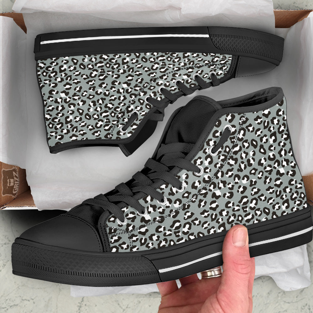 Silver Leopard Print Pattern Black High Top Shoes-grizzshop