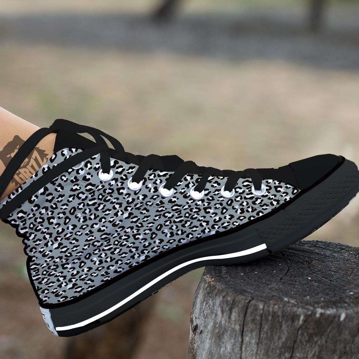 Silver Leopard Print Pattern Black High Top Shoes-grizzshop