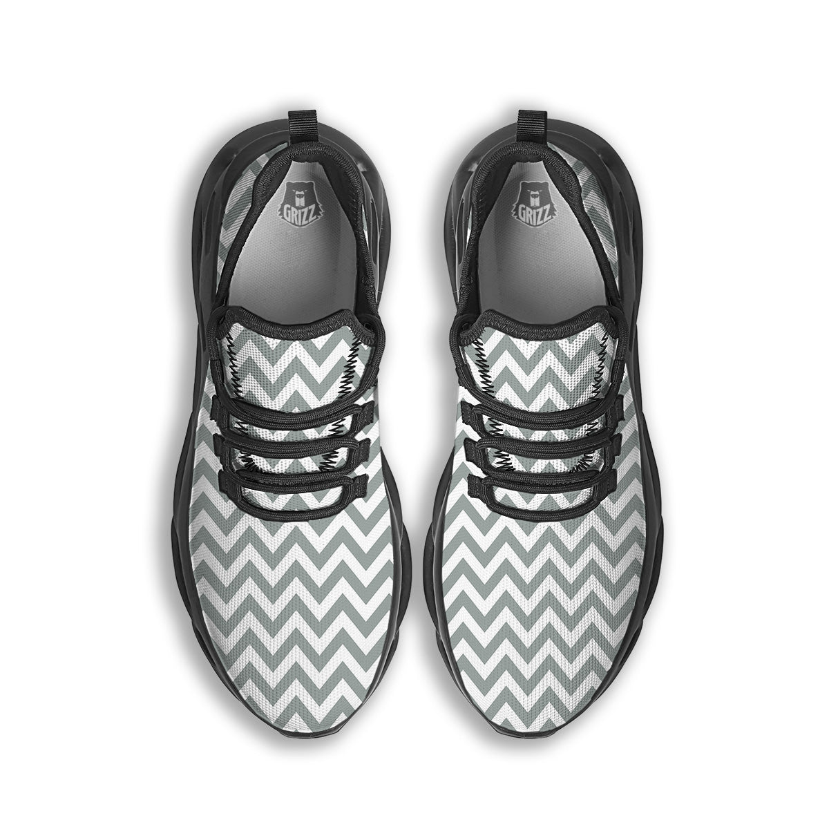 Silver Zigzag Print Pattern Black Running Shoes-grizzshop