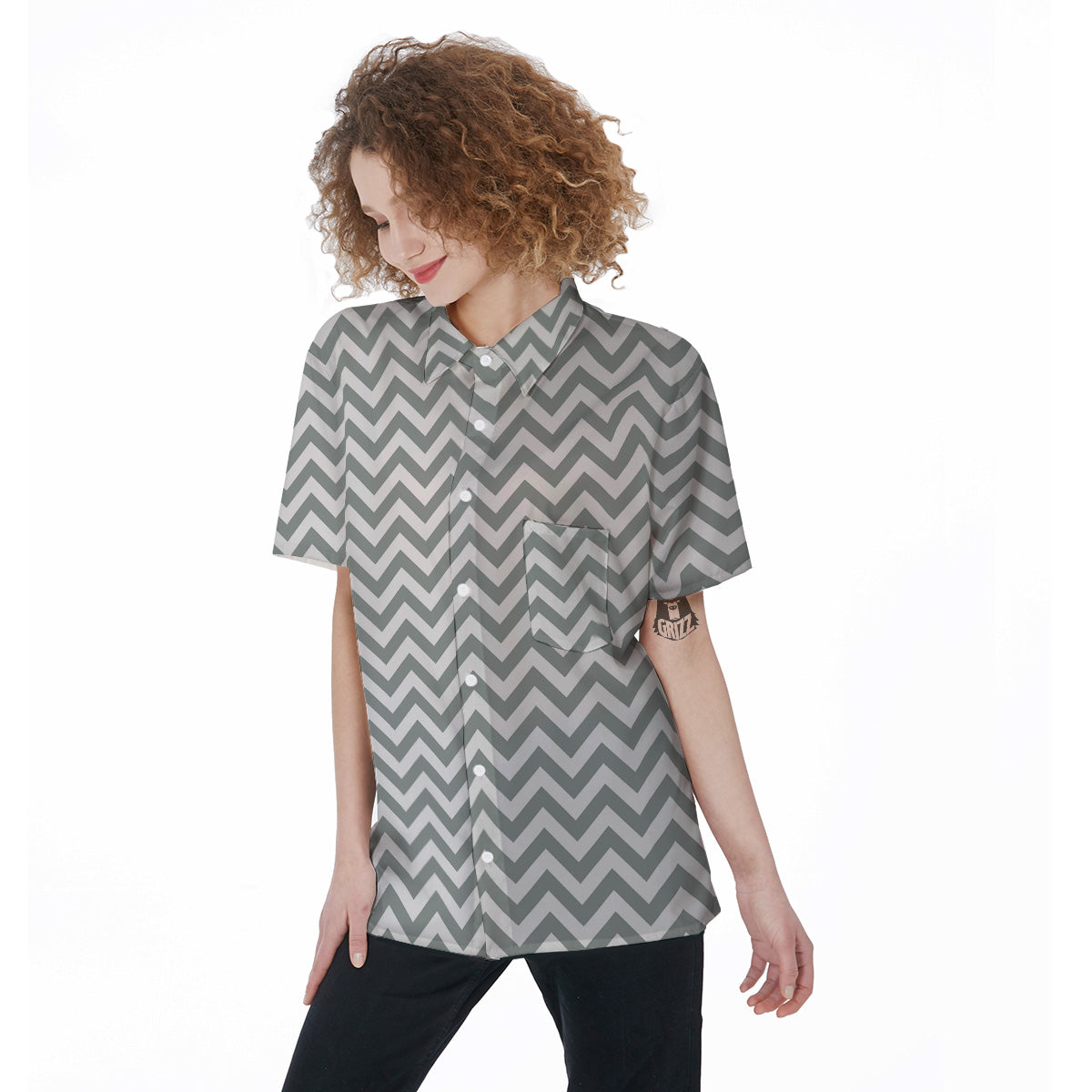 Silver Zigzag Print Pattern Women's Short Sleeve Shirts-grizzshop
