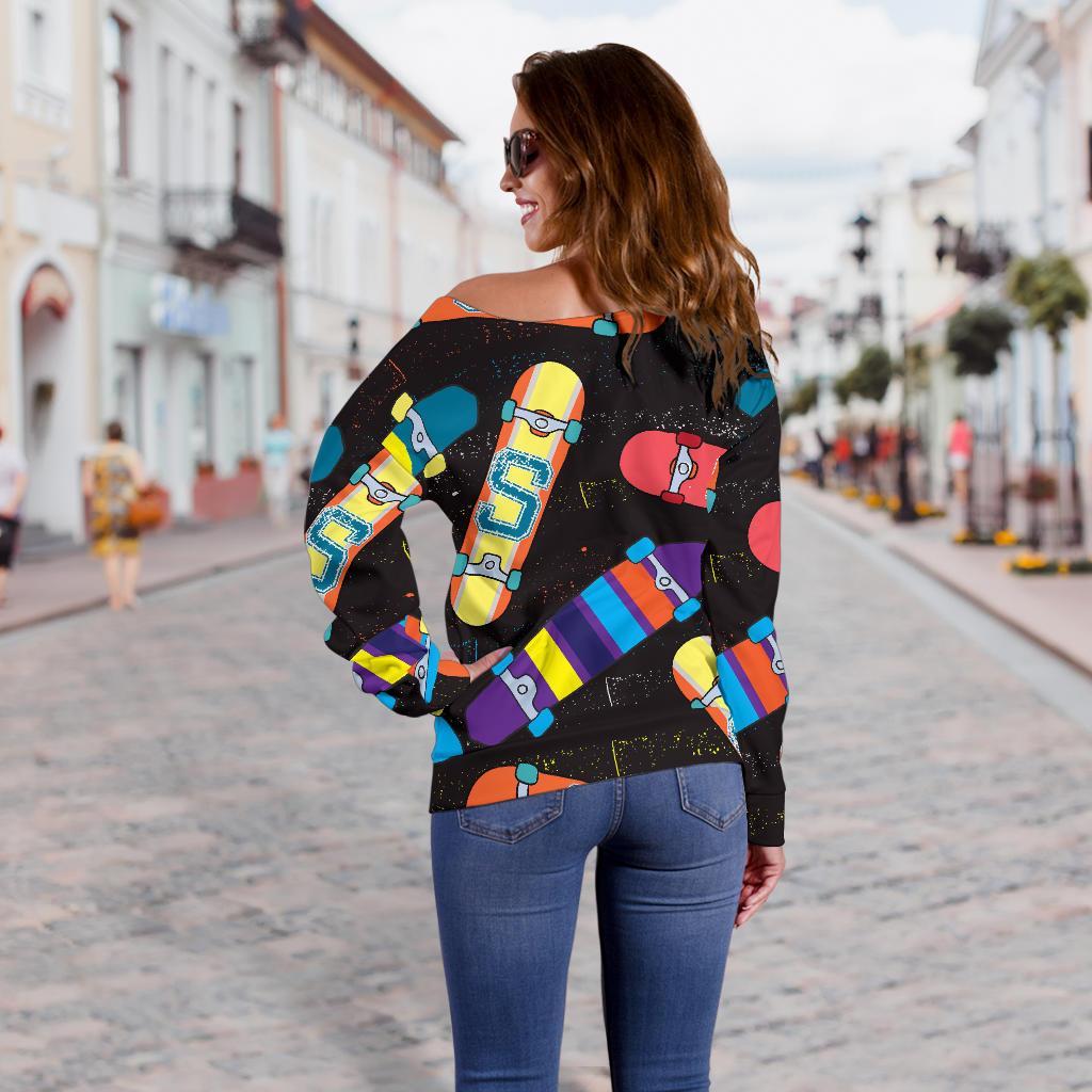 Skateboard Colorful Pattern Print Women Off Shoulder Sweatshirt-grizzshop