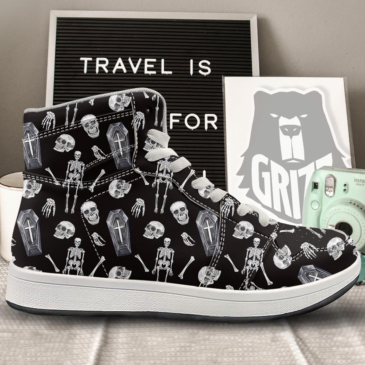 Skeleton And Tomb Print Pattern High Top Sneakers-grizzshop