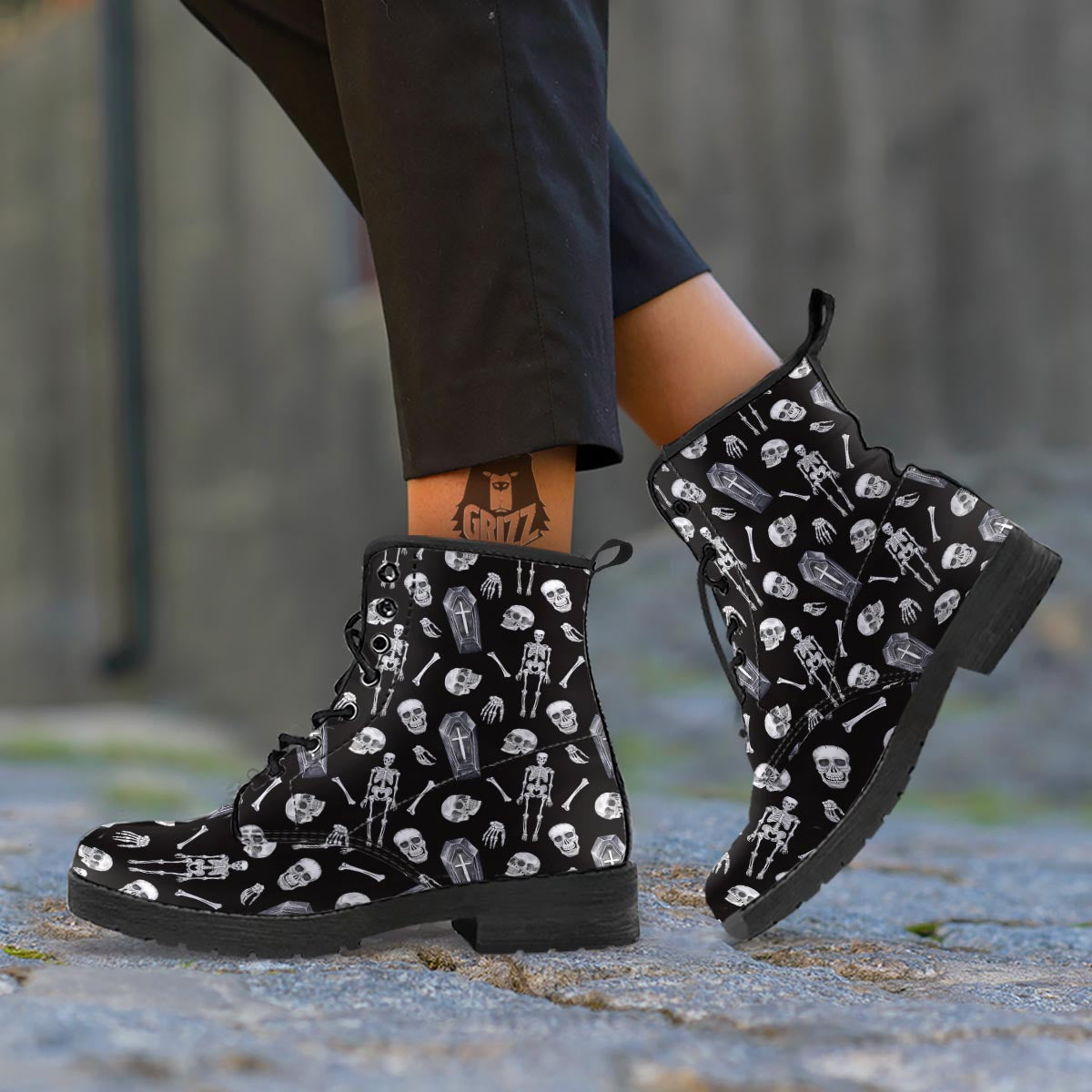 Skeleton And Tomb Print Pattern Leather Boots-grizzshop