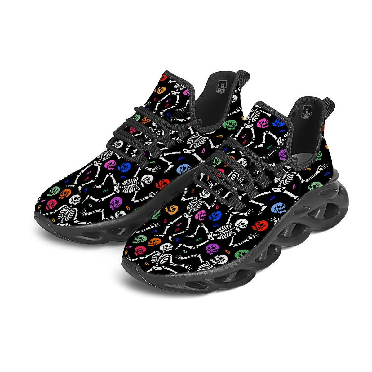 Skeleton Dancing Trippy Print Pattern Black Running Shoes-grizzshop