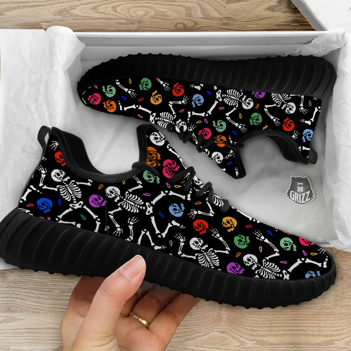 Skeleton Dancing Trippy Print Pattern Black Walking Shoes-grizzshop