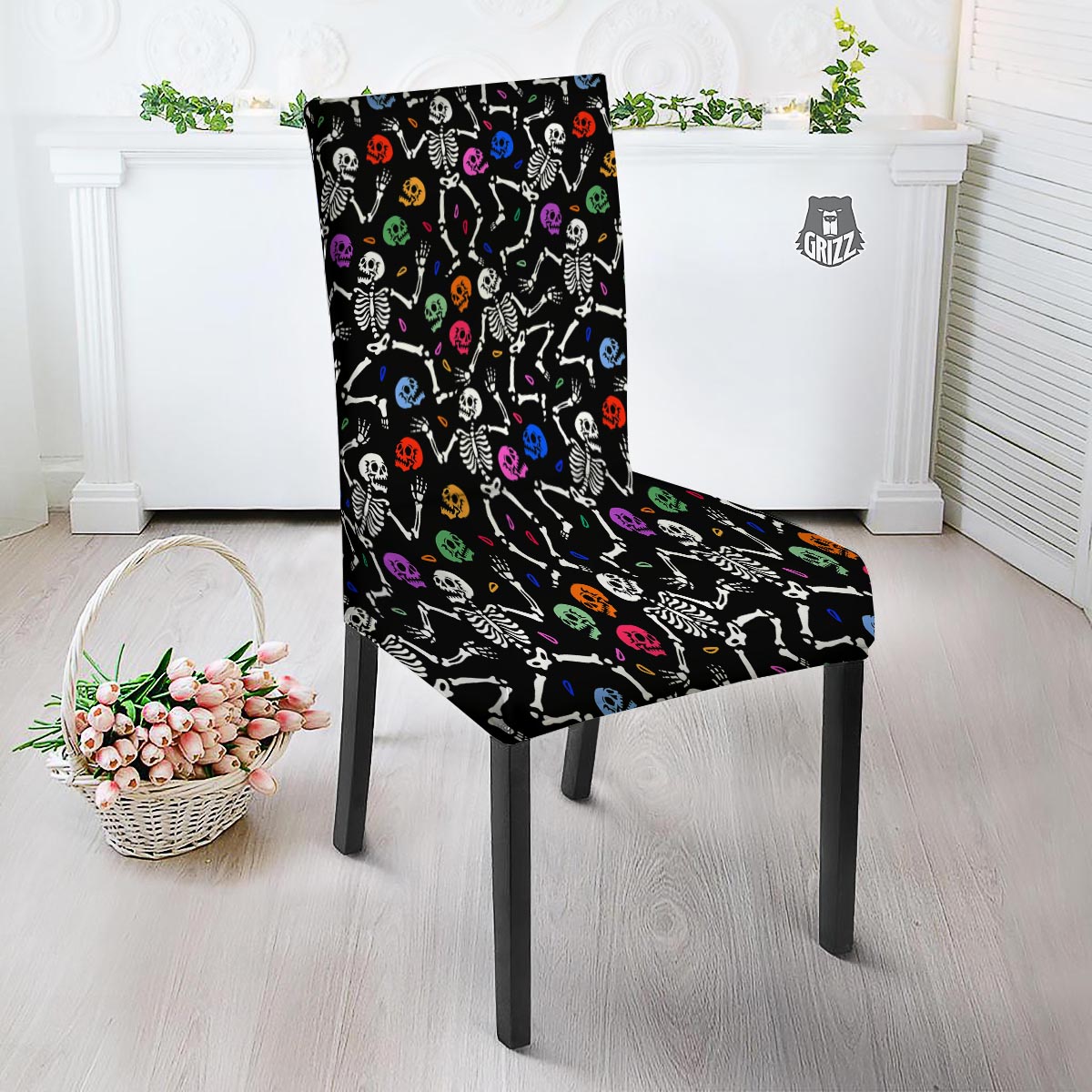 Skeleton Dancing Trippy Print Pattern Dining Chair Slipcover-grizzshop