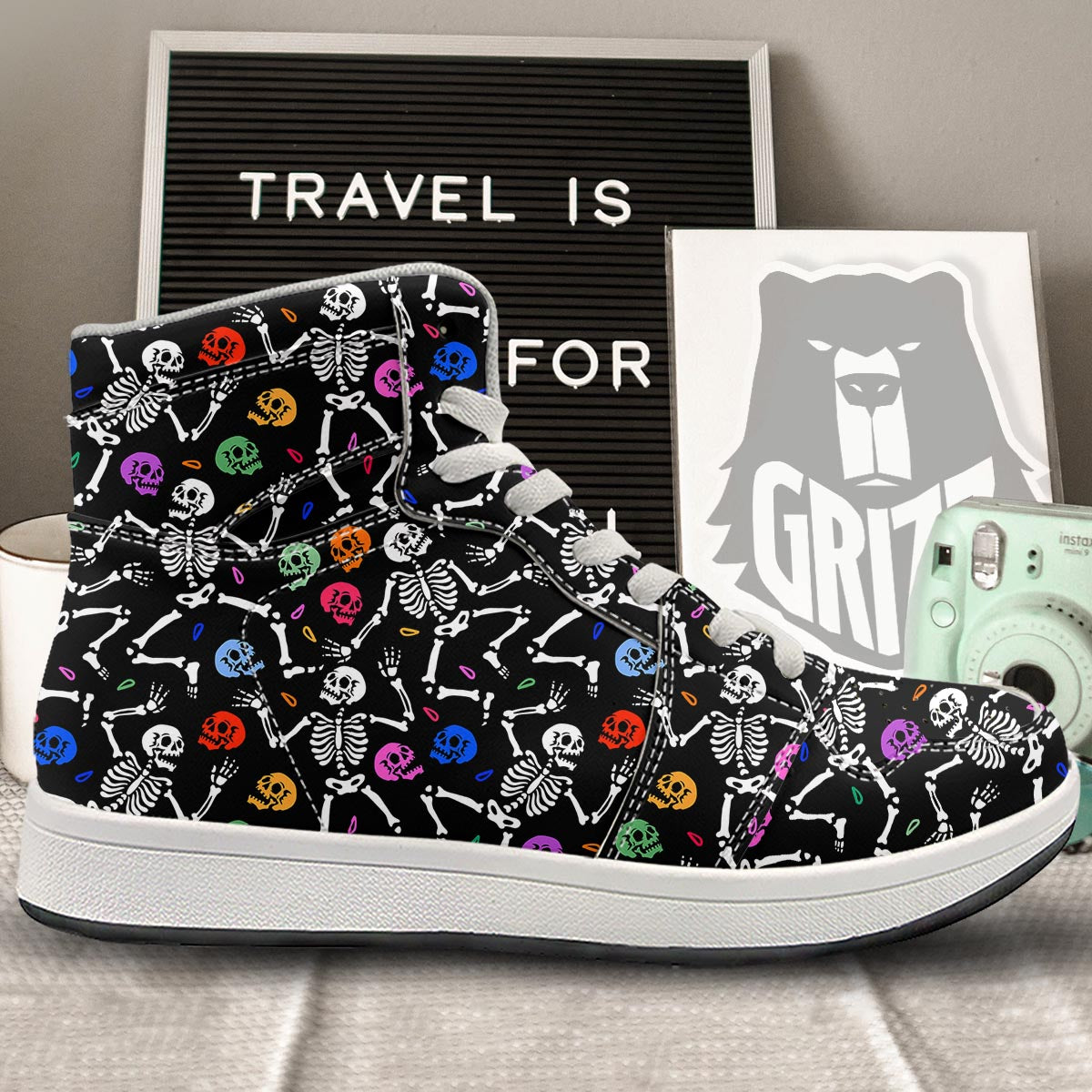Skeleton Dancing Trippy Print Pattern High Top Sneakers-grizzshop