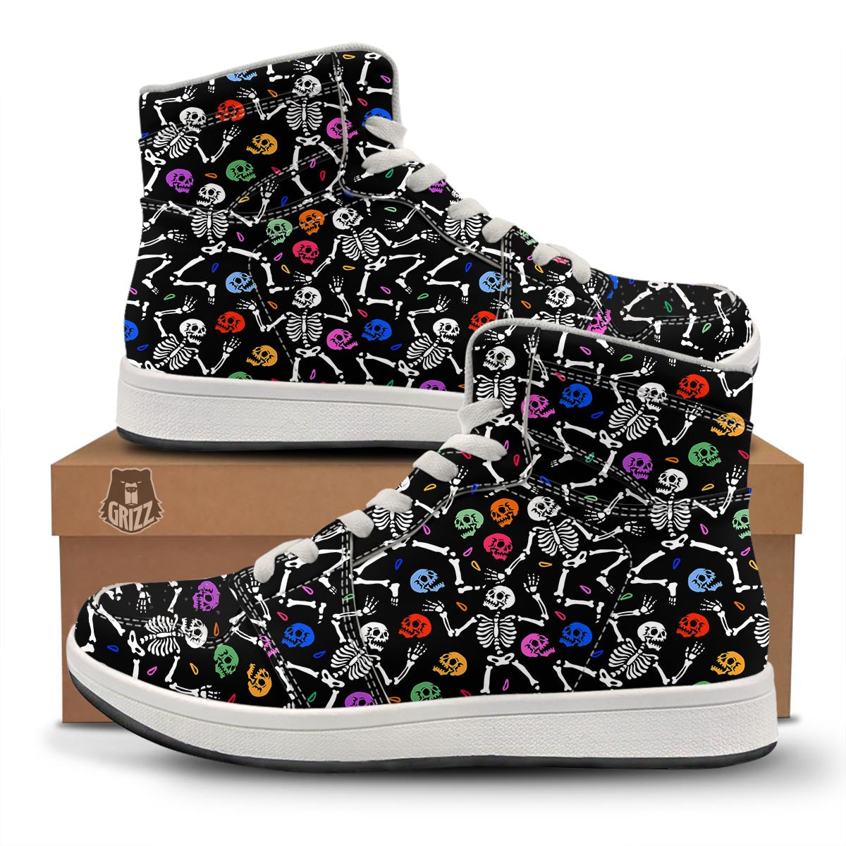 Skeleton Dancing Trippy Print Pattern High Top Sneakers-grizzshop