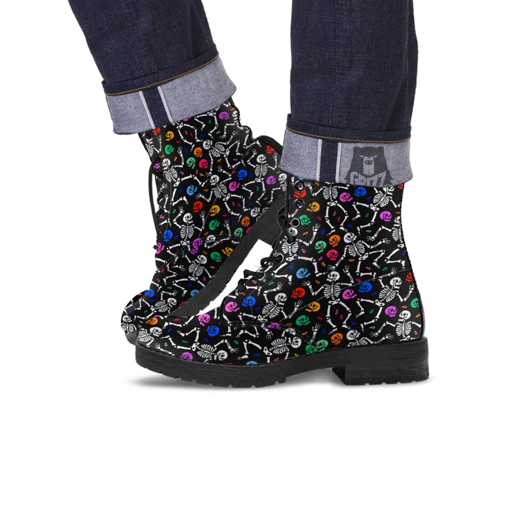 Skeleton Dancing Trippy Print Pattern Leather Boots-grizzshop
