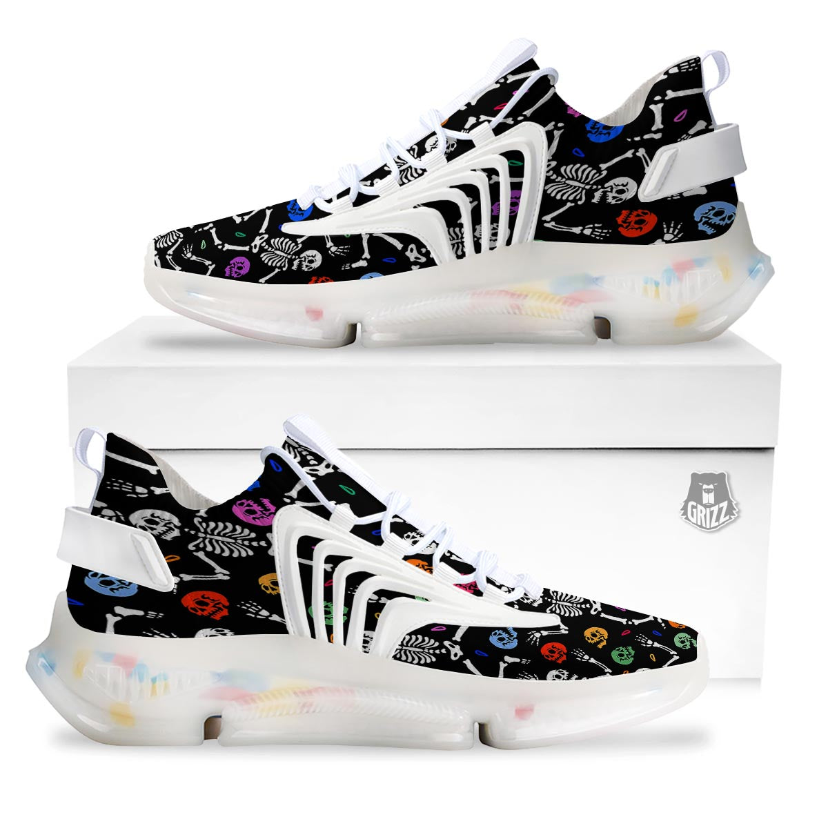 Skeleton Dancing Trippy Print Pattern White Gym Shoes-grizzshop