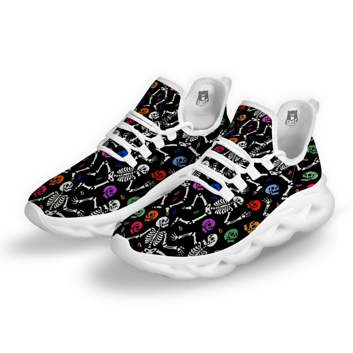 Skeleton Dancing Trippy Print Pattern White Running Shoes-grizzshop