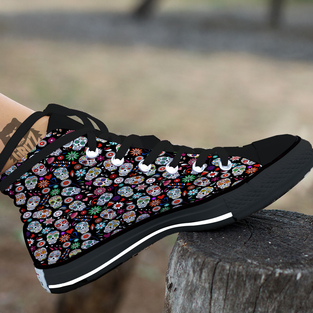 Skeleton Day Of The Dead Print Pattern Black High Top Shoes-grizzshop