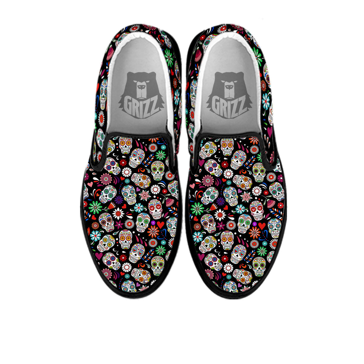 Skeleton Day Of The Dead Print Pattern Black Slip On Shoes-grizzshop