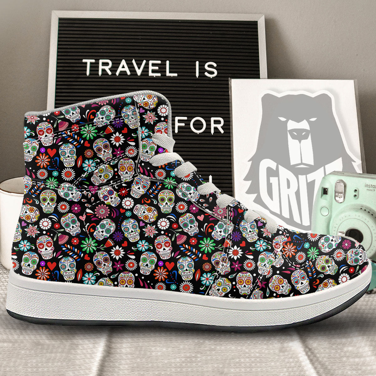 Skeleton Day Of The Dead Print Pattern High Top Sneakers-grizzshop