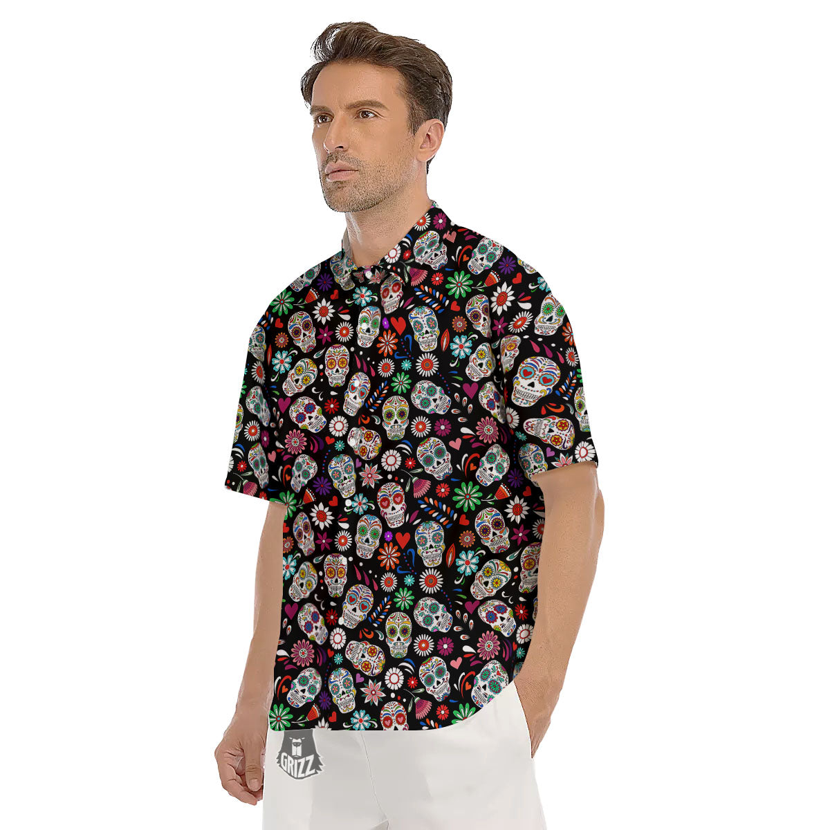 Skeleton Day Of The Dead Print Pattern Men's Short Sleeve Shirts-grizzshop