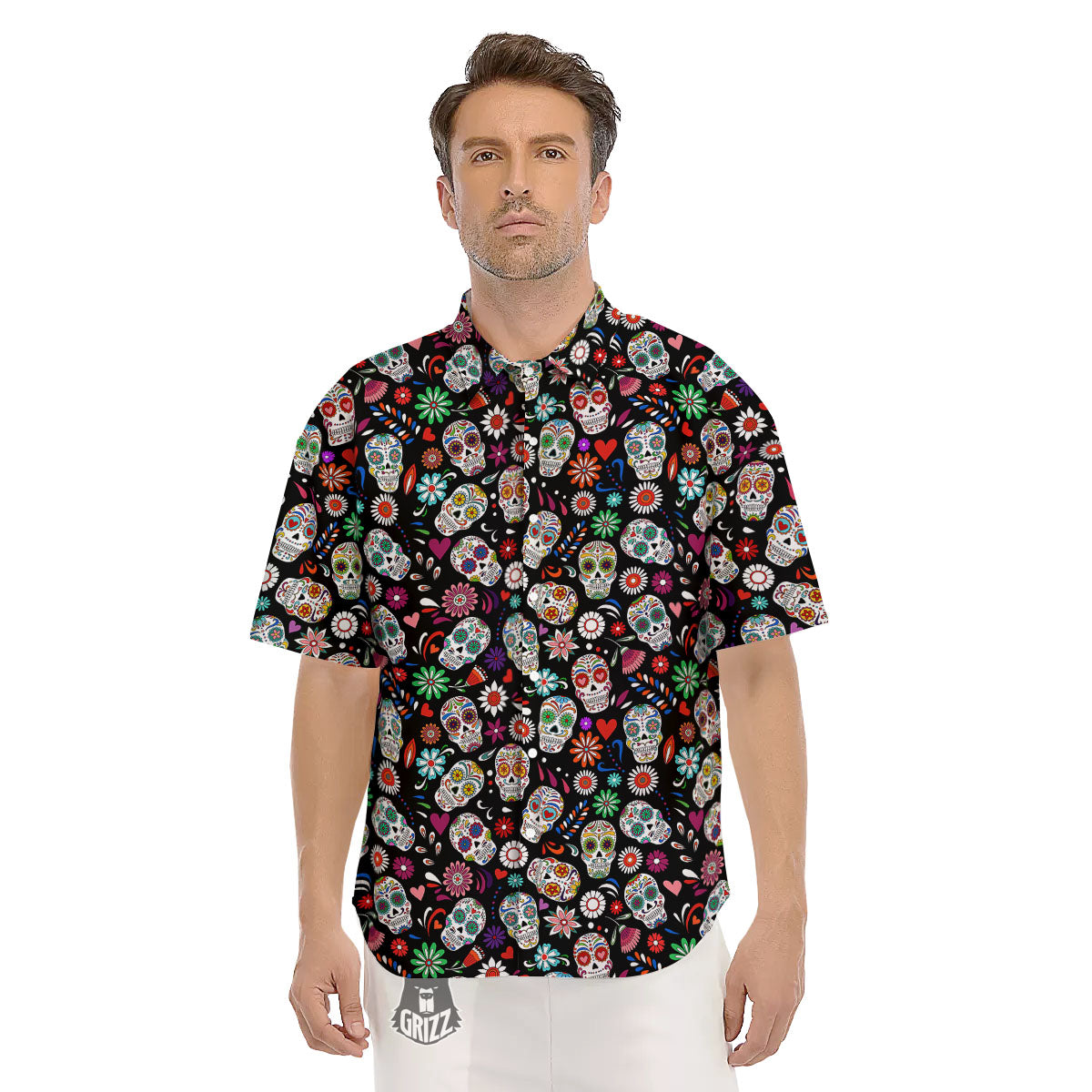 Skeleton Day Of The Dead Print Pattern Men's Short Sleeve Shirts-grizzshop