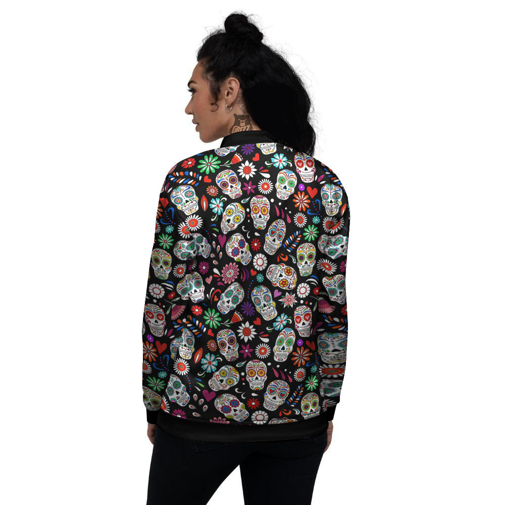 Skeleton Day Of The Dead Print Pattern Women's Bomber Jacket-grizzshop