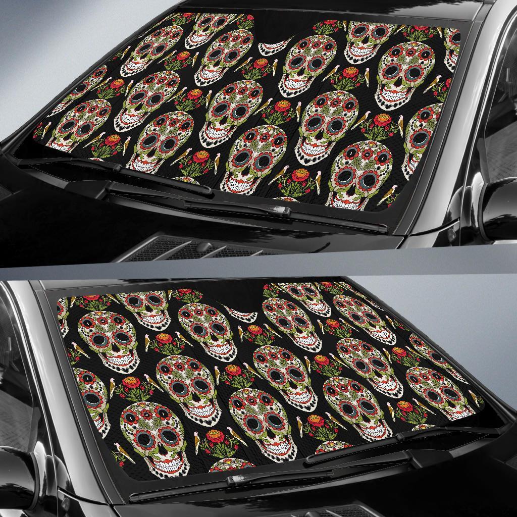 Skeleton Floral Rose Sugar Skull Girly Pattern Print Car Sun Shade-grizzshop