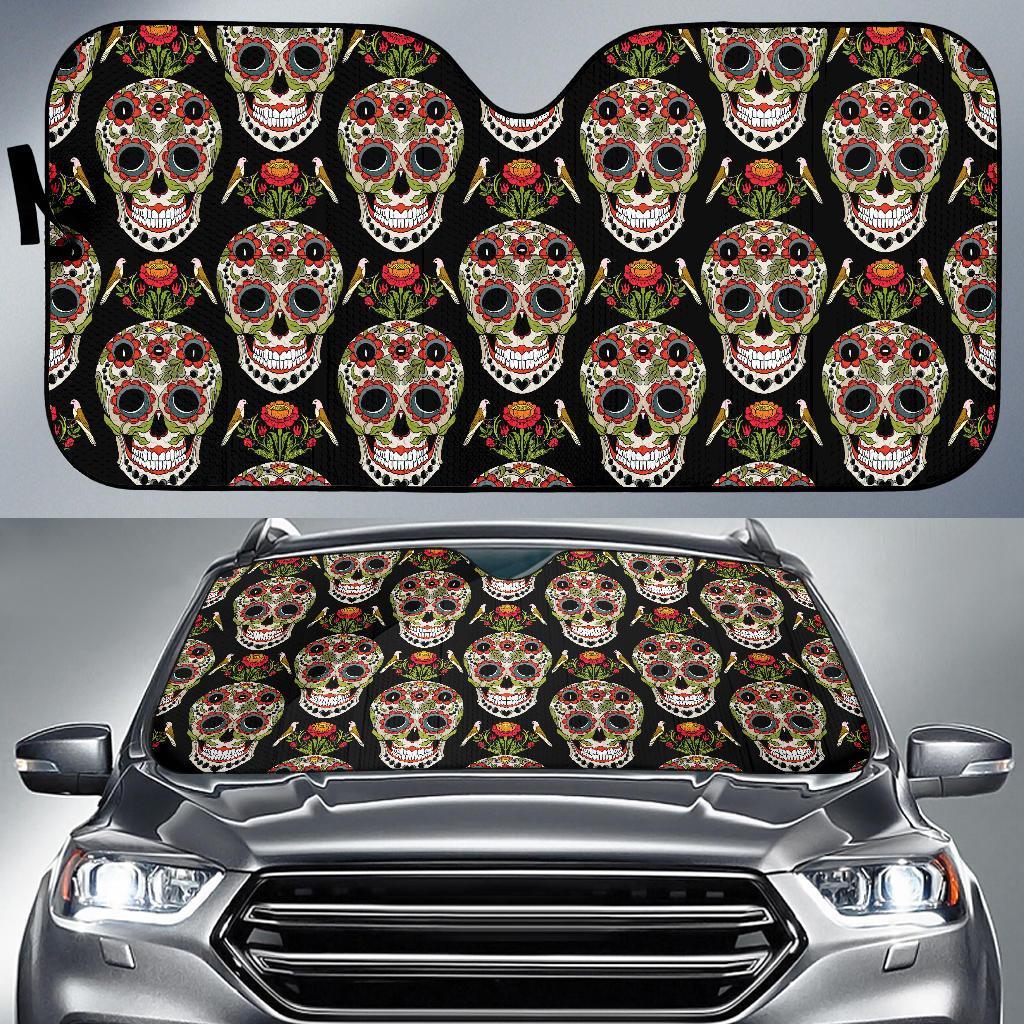 Skeleton Floral Rose Sugar Skull Girly Pattern Print Car Sun Shade-grizzshop