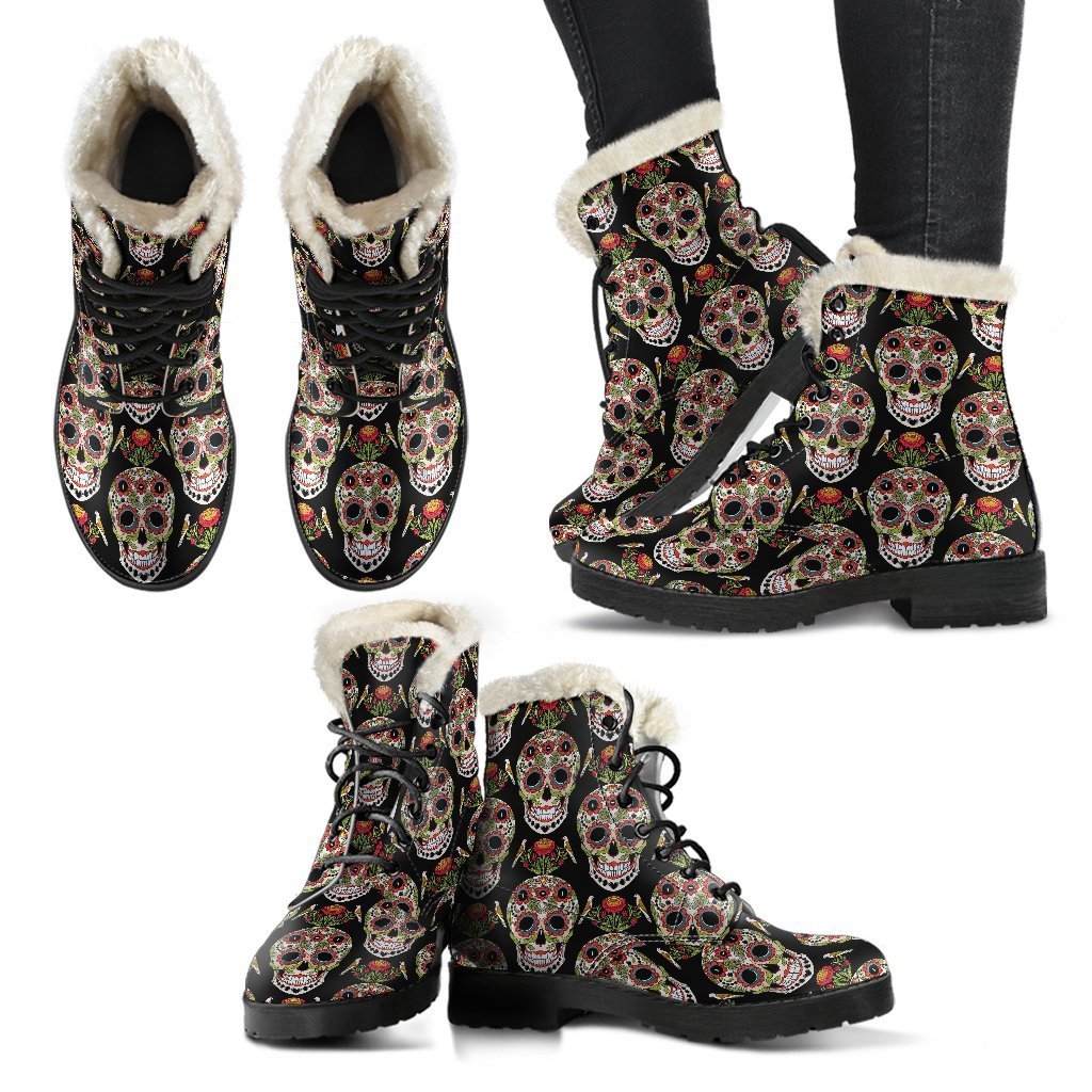 Skeleton Floral Rose Sugar Skull Girly Pattern Print Comfy Winter Boots-grizzshop