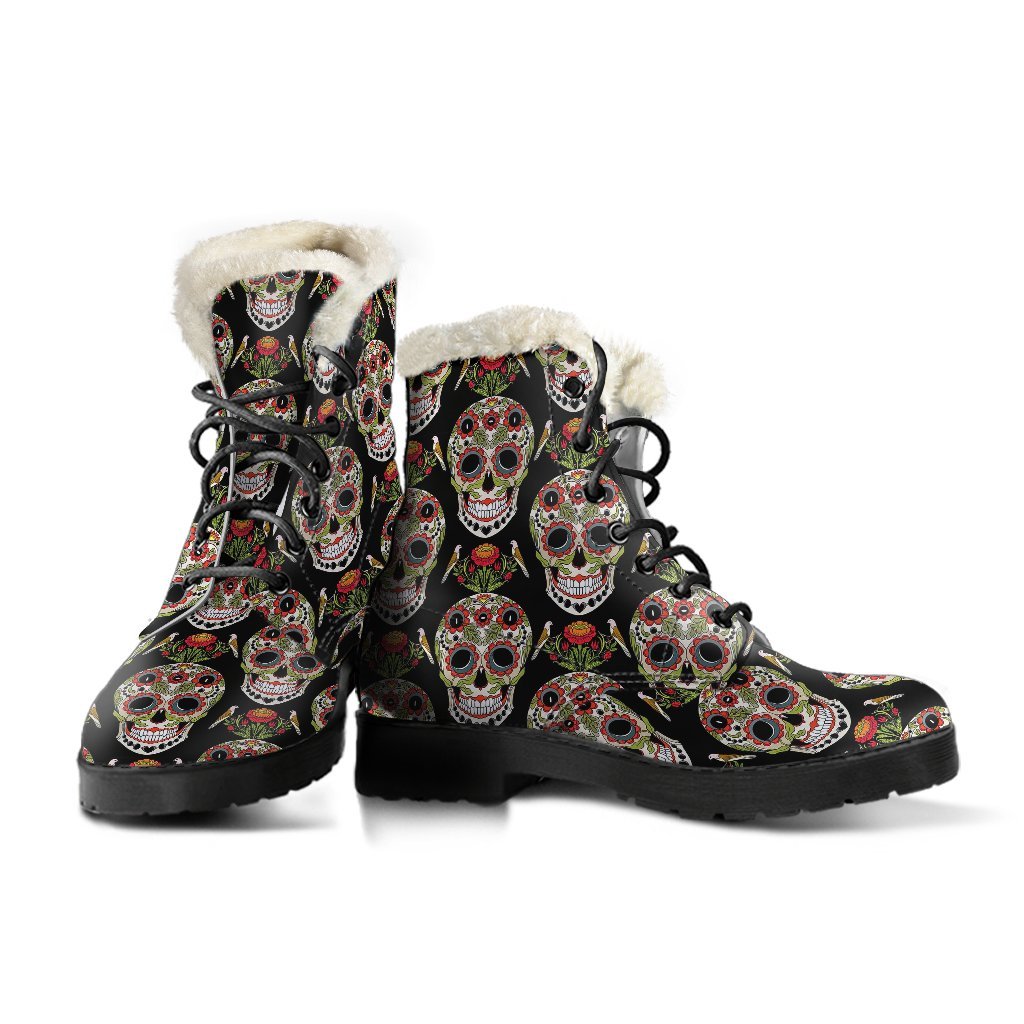 Skeleton Floral Rose Sugar Skull Girly Pattern Print Comfy Winter Boots-grizzshop