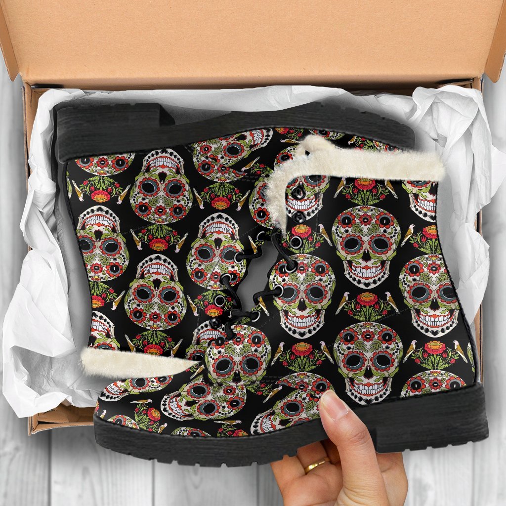 Skeleton Floral Rose Sugar Skull Girly Pattern Print Comfy Winter Boots-grizzshop