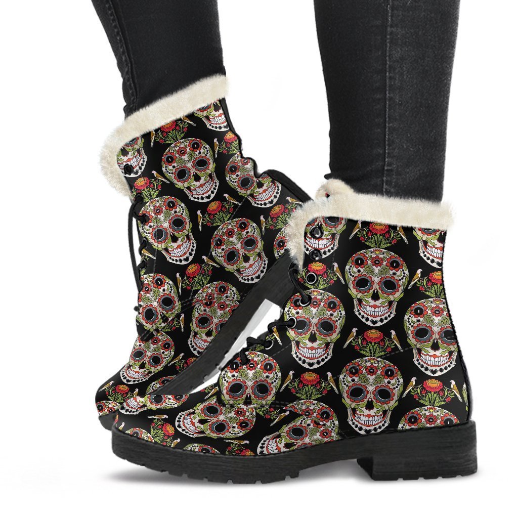 Skeleton Floral Rose Sugar Skull Girly Pattern Print Comfy Winter Boots-grizzshop