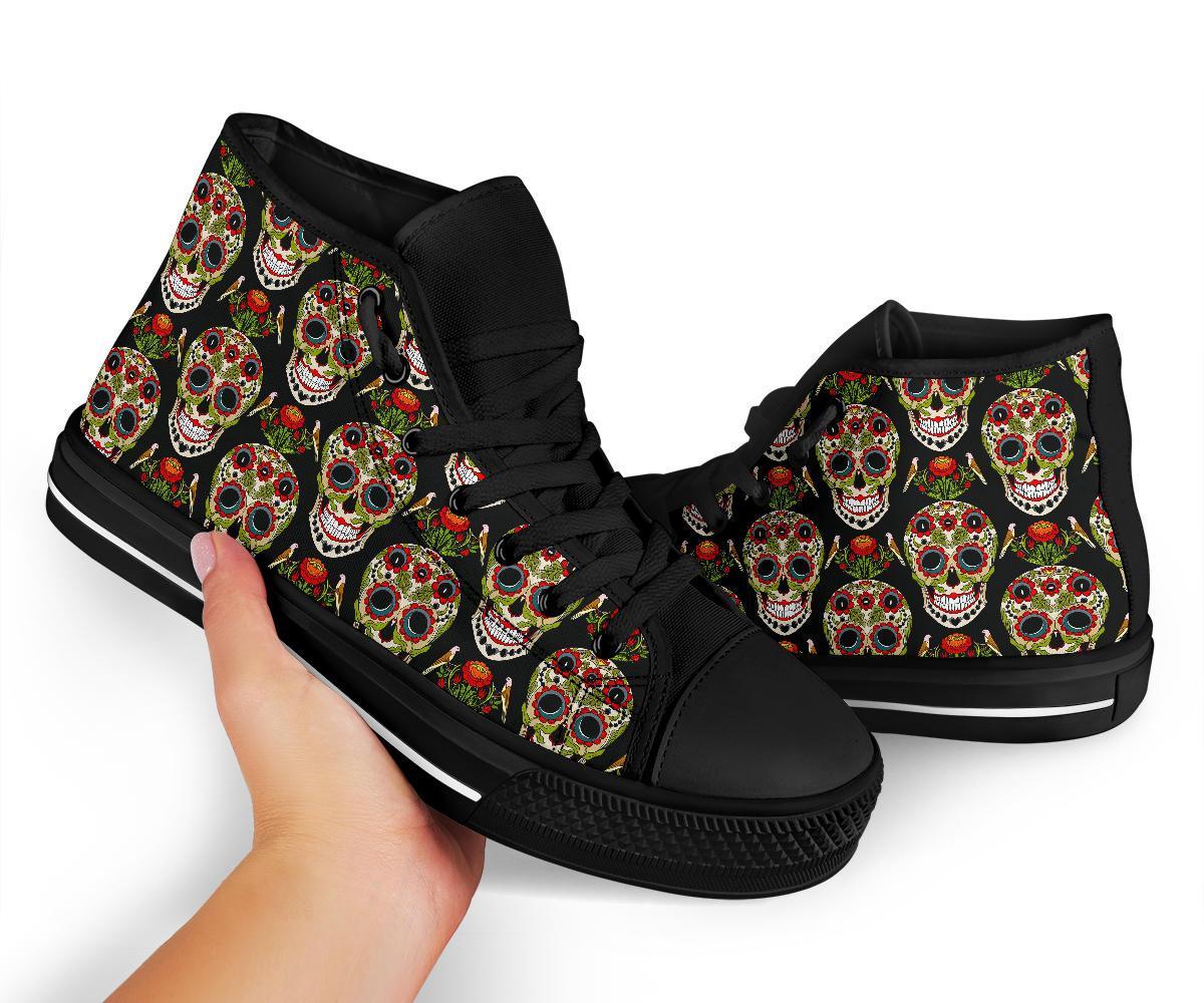 Skeleton Floral Rose Sugar Skull Girly Pattern Print Men Women's High Top Shoes-grizzshop