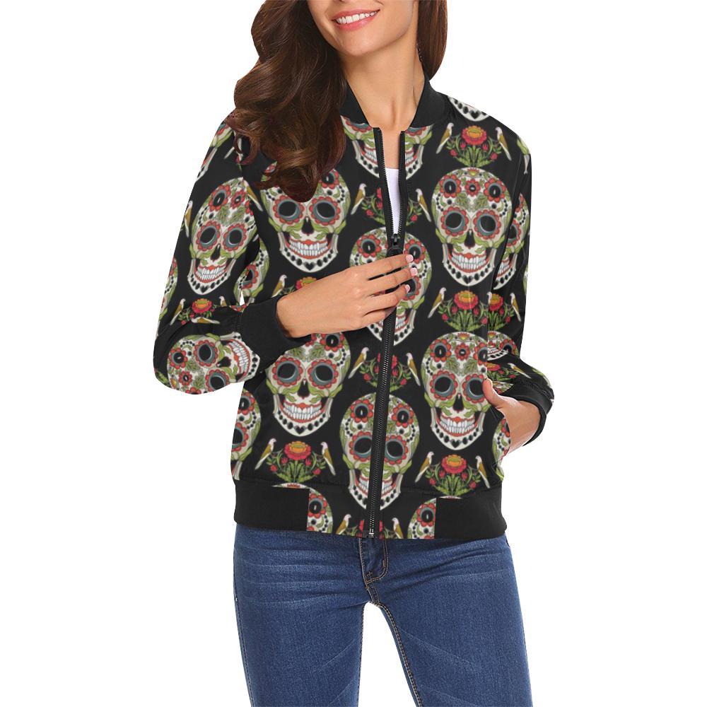 Skeleton Floral Rose Sugar Skull Girly Pattern Print Women Casual Bomber Jacket-grizzshop