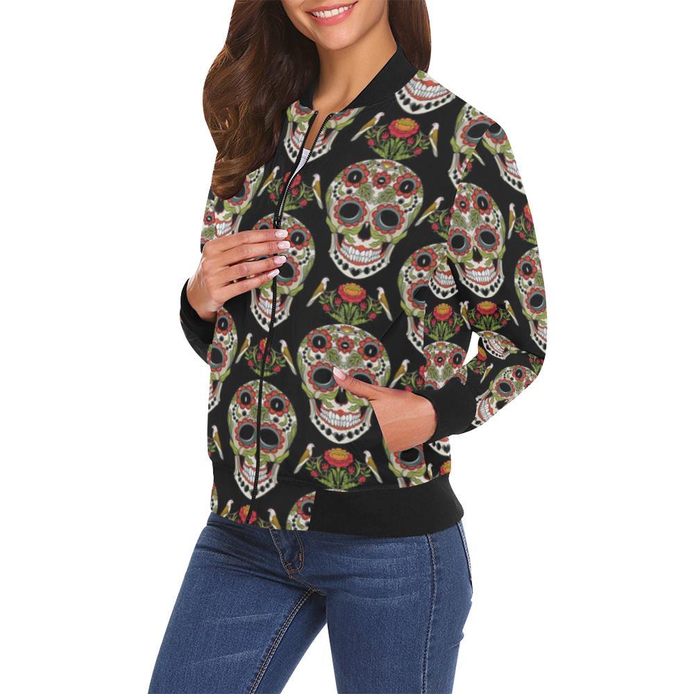 Skeleton Floral Rose Sugar Skull Girly Pattern Print Women Casual Bomber Jacket-grizzshop