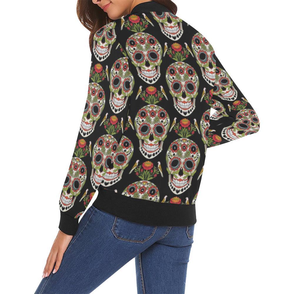Skeleton Floral Rose Sugar Skull Girly Pattern Print Women Casual Bomber Jacket-grizzshop