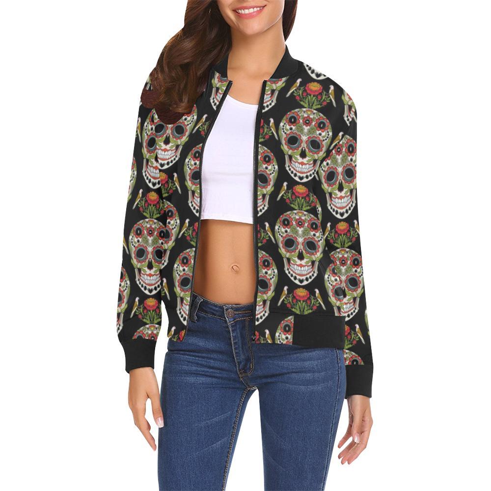 Skeleton Floral Rose Sugar Skull Girly Pattern Print Women Casual Bomber Jacket-grizzshop