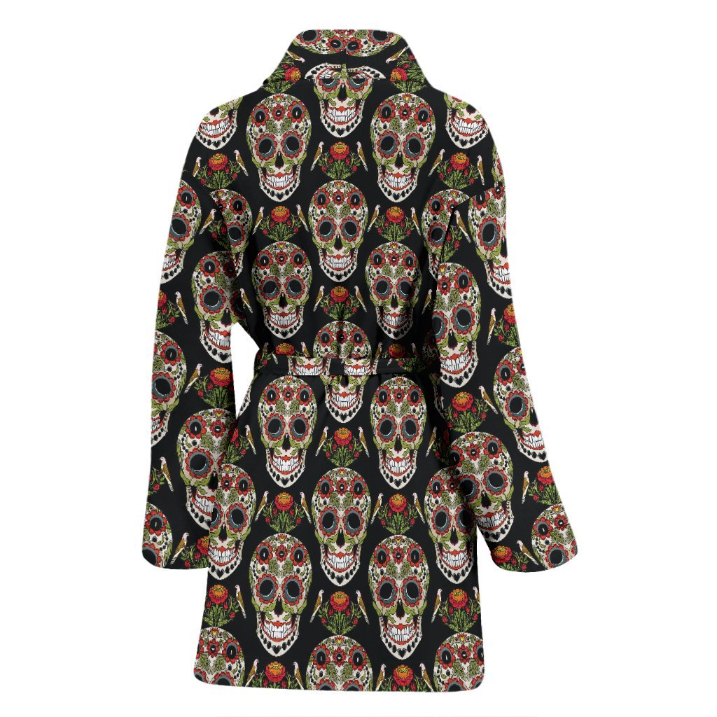 Skeleton Floral Rose Sugar Skull Girly Pattern Print Women Long Robe-grizzshop