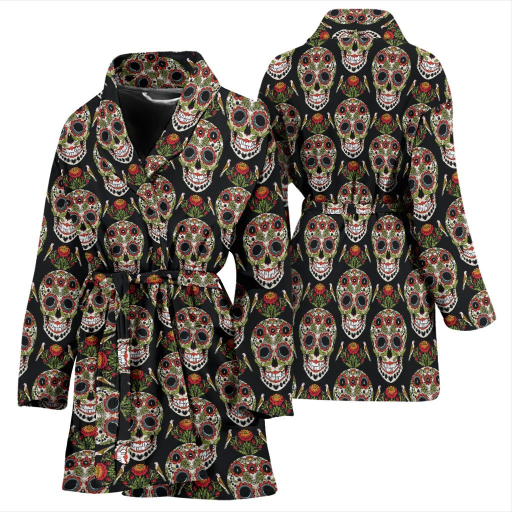 Skeleton Floral Rose Sugar Skull Girly Pattern Print Women Long Robe-grizzshop