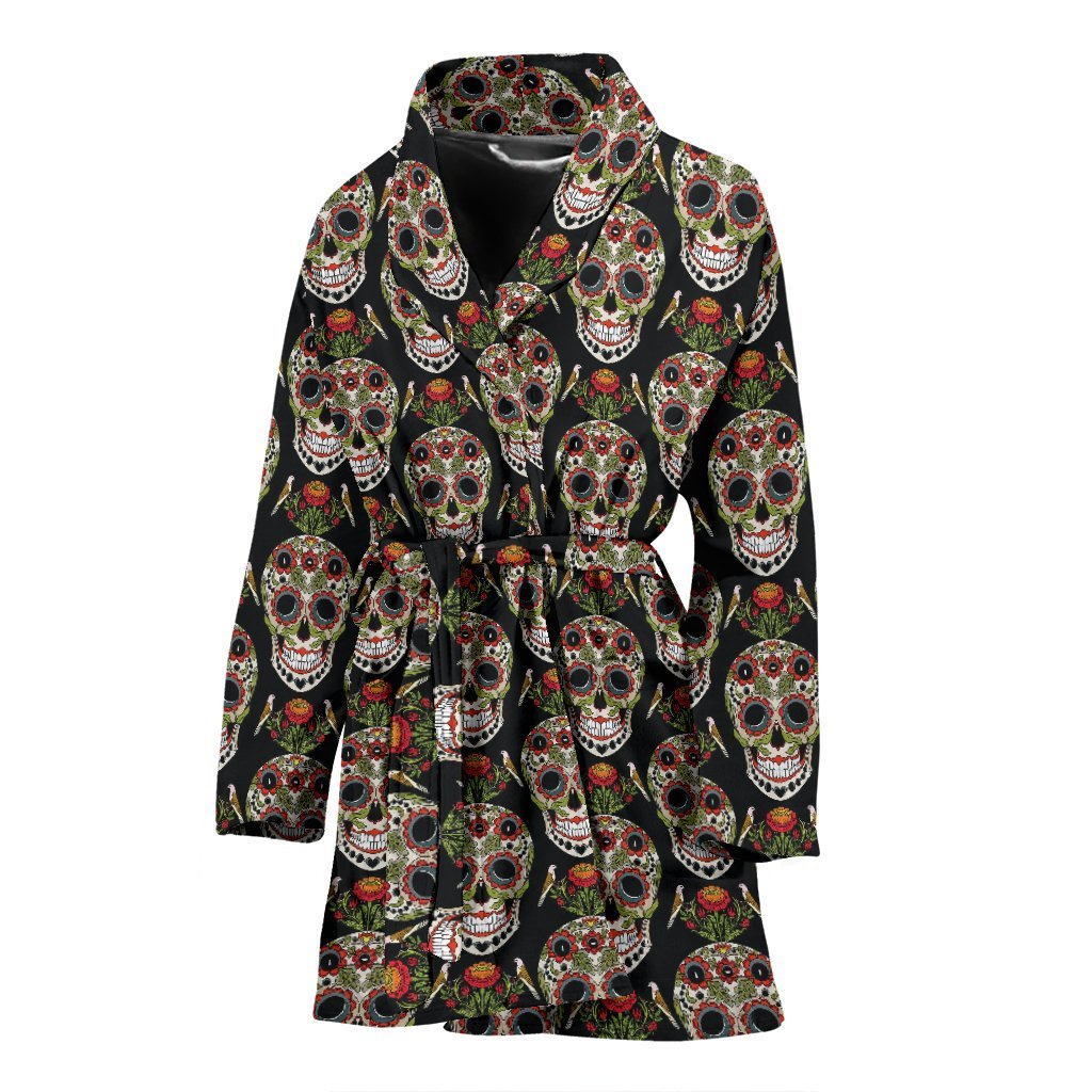 Skeleton Floral Rose Sugar Skull Girly Pattern Print Women Long Robe-grizzshop