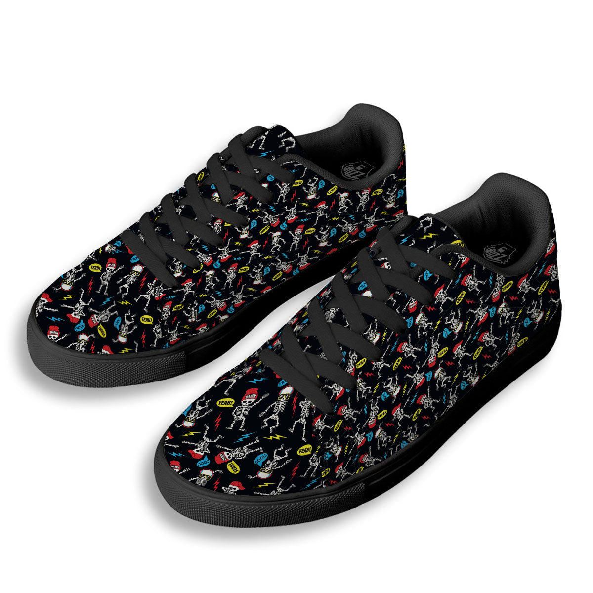 Skeleton Party Fun Print Pattern Black Low Top Sneakers-grizzshop