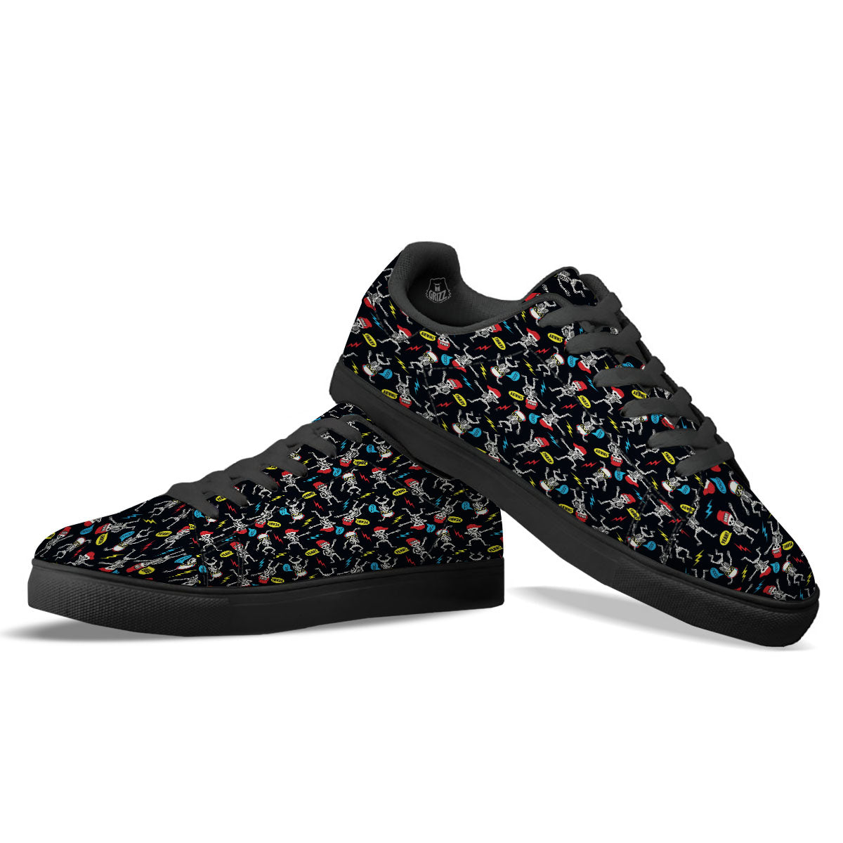 Skeleton Party Fun Print Pattern Black Low Top Sneakers-grizzshop