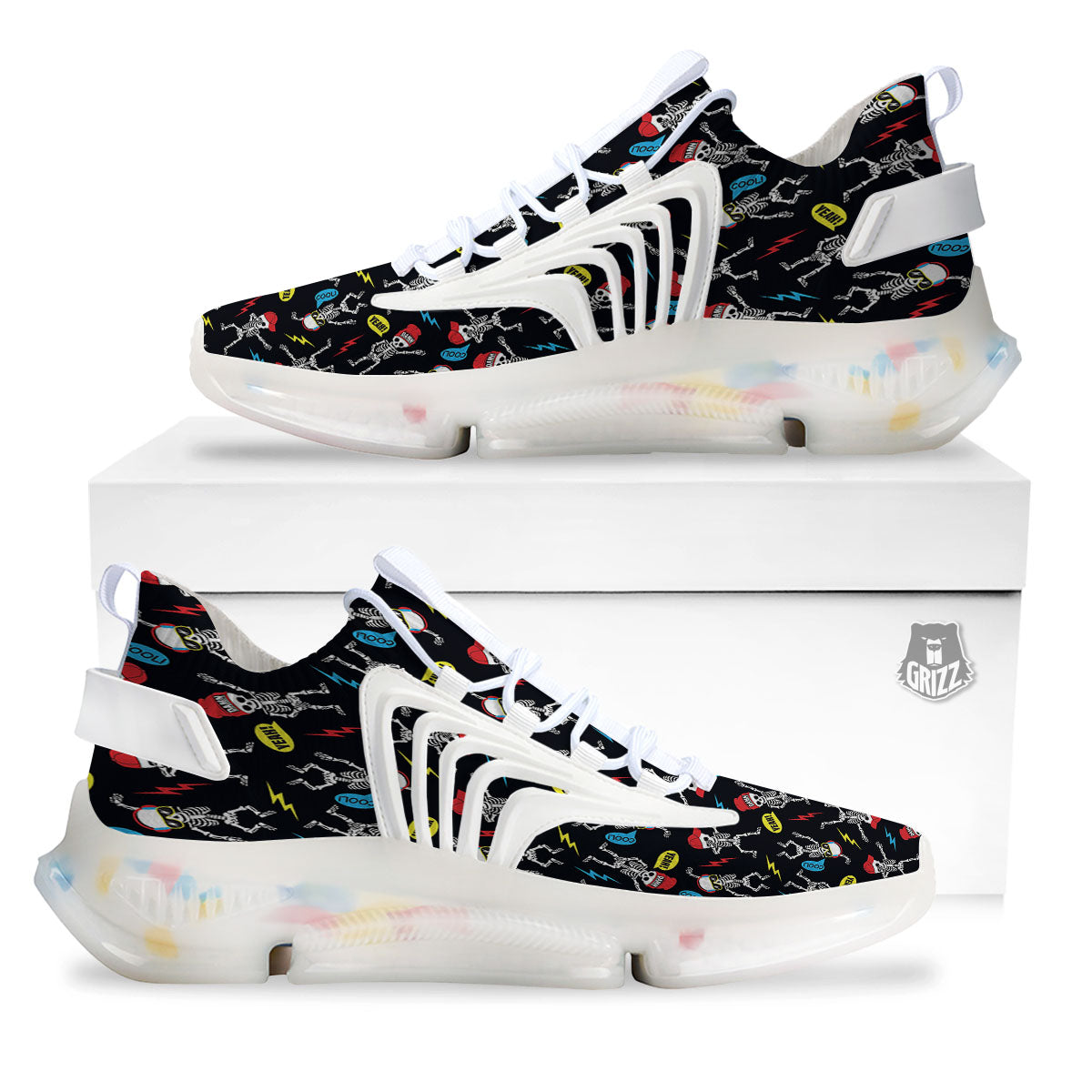 Skeleton Party Fun Print Pattern White Gym Shoes-grizzshop