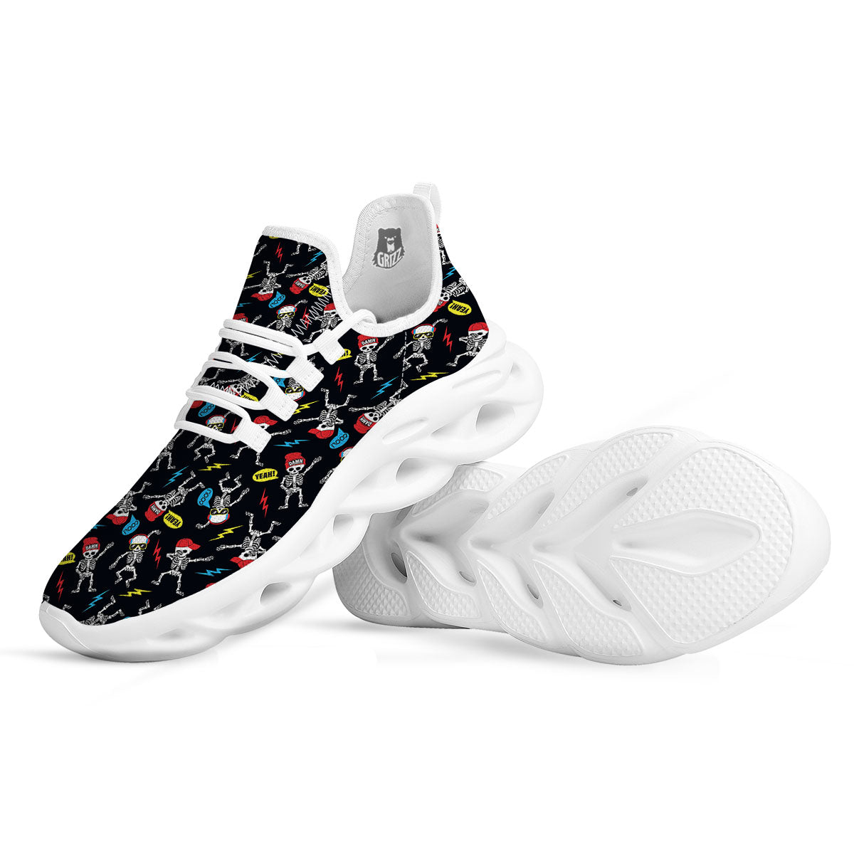 Skeleton Party Fun Print Pattern White Running Shoes-grizzshop