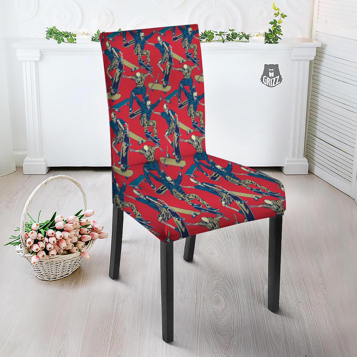 Skeleton Skateboarding Print Pattern Dining Chair Slipcover-grizzshop